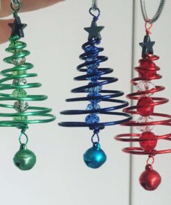 A collection of colourful Christmas tree decorations made with wire and glass crystals.